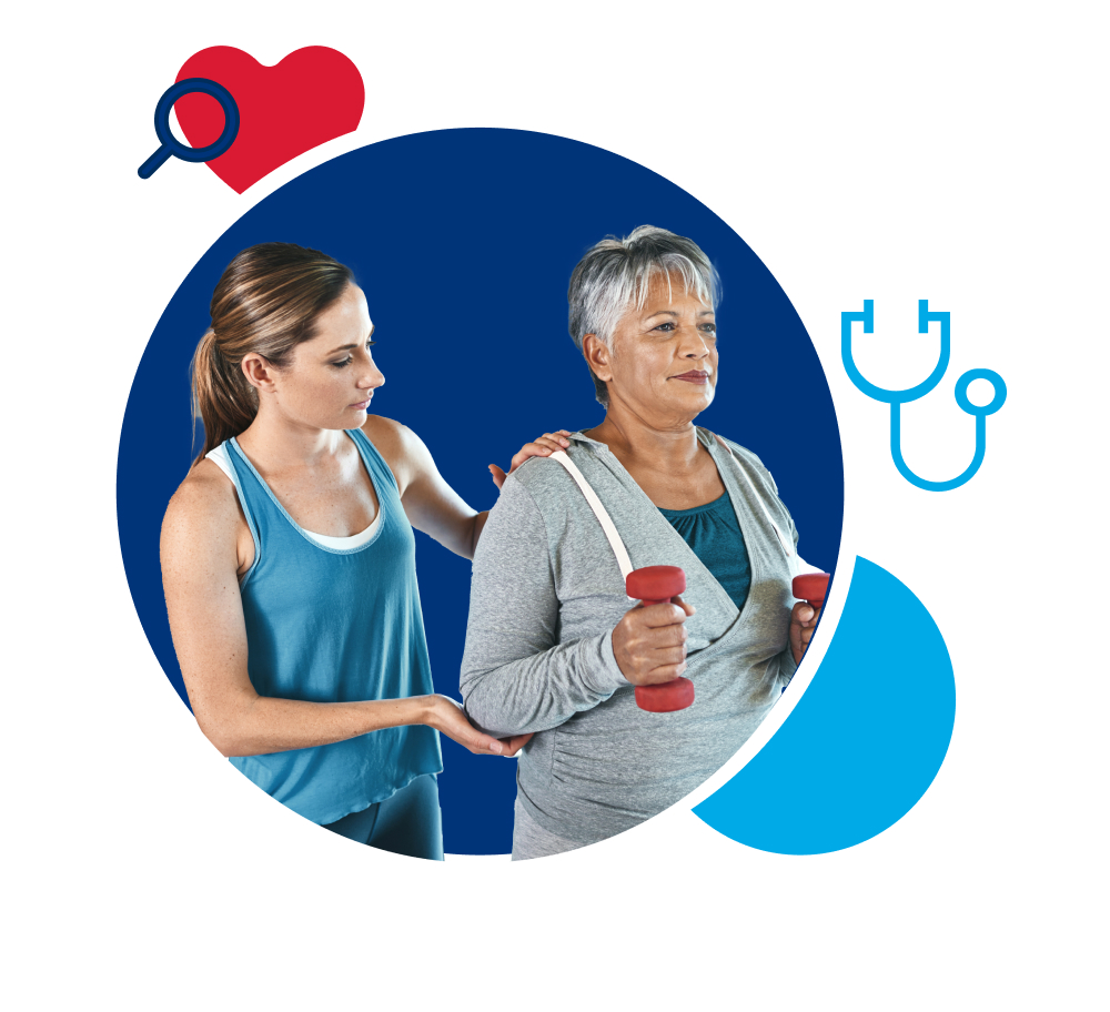 Empowering Individuals: Elder woman exercising with a trainer 