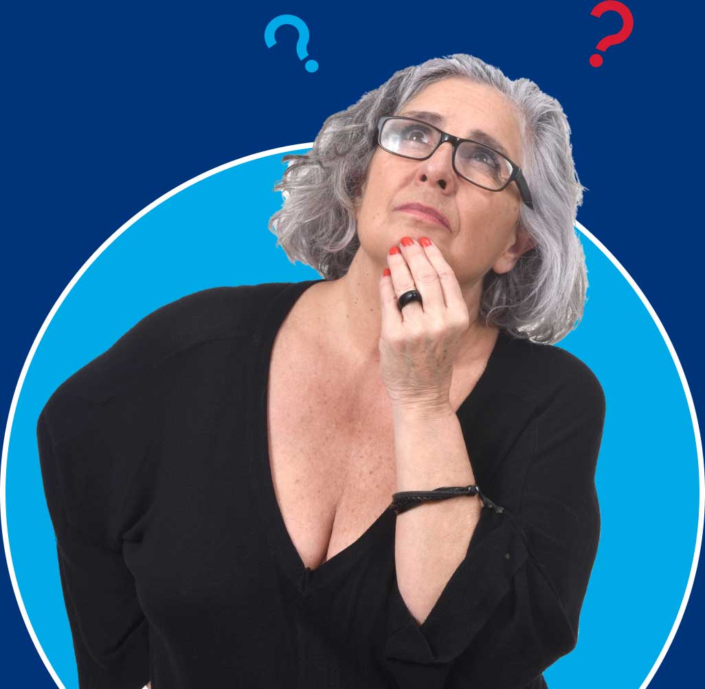 Woman with glasses, thinking intently